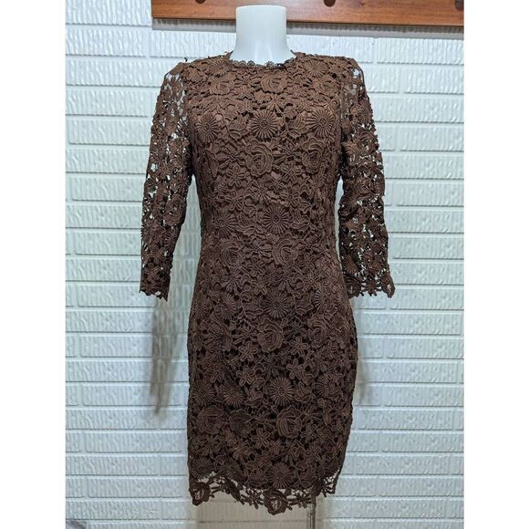 Just Me Women's Brown Floral Lace Embroidered Open Back Long-Sleeve Dress Size L - Picture 1 of 6